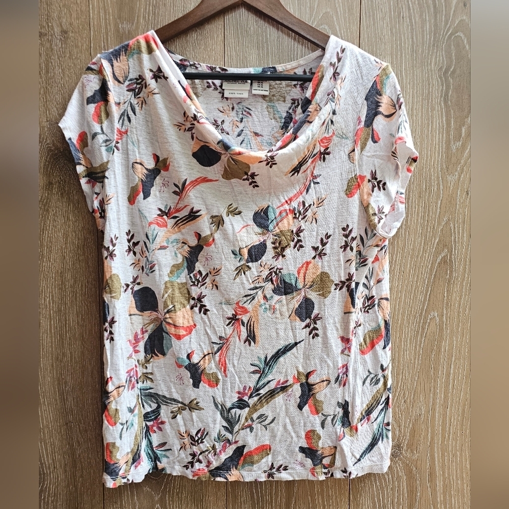 Rachel Zoe 100% Linen Vibrant Bird Print Blouse